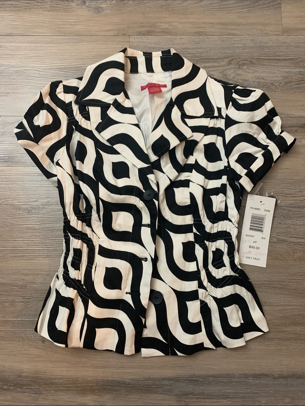 Sunny Leigh Black and White Geometric Button-Front Short Sleeve Top Y2K Size 4P